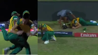 wi vs sa  कैच लेते वक्त साउथ अफ्रीकी खिलाड़ियों की जोरदार भिड़ंत  एक को लगी गंभीर चोट   देखें video