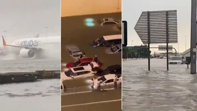 dubai flood videos  दुबई बना ‘दरिया’  सड़कें जहाज कारें डूबी  एयरपोर्ट मॉल में पानी भरा  यकीन नहीं होगा हाल देखकर