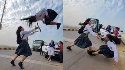 रील बनाने के चक्कर में लड़की का खतरनाक स्टंट  हवा में उछलने और नीचे गिरने का वीडियो वायरल